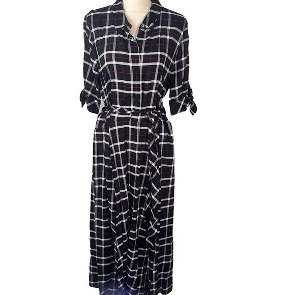 Calvin Klein Size 14 Plaid Belted Button Front Shirt Maxi Dress Black Gray - Picture 2 of 6